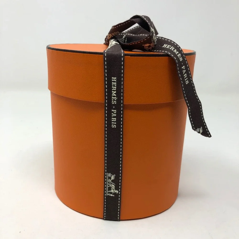 Hermes Round Accessory Gift Box‎ Small Orange Cylindrical Bolduc Ribbon 5in